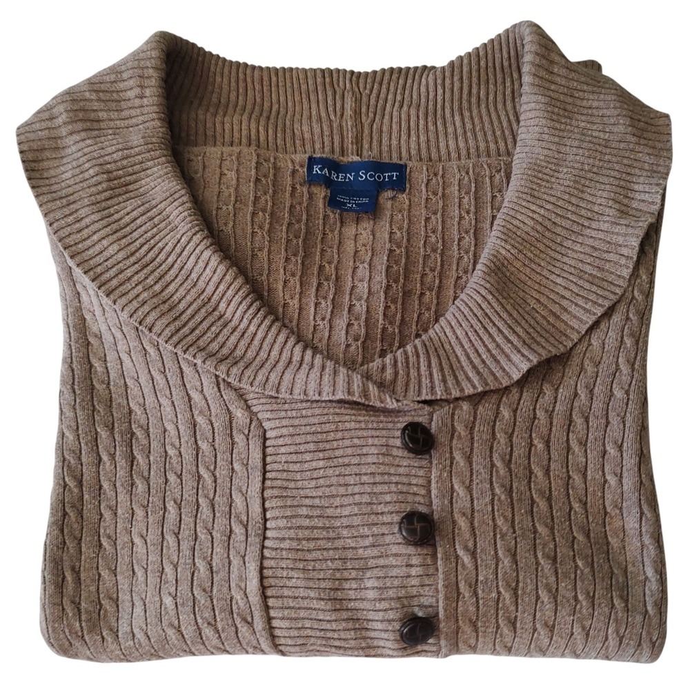 Karen Scott Shawl Collar Sweater Long Sleeve Cable Knit Brown Pullover Womens XL